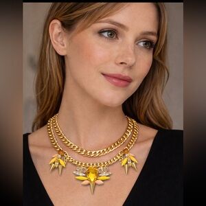 Gold Curb Chain Spike & Crystal Statement Necklace